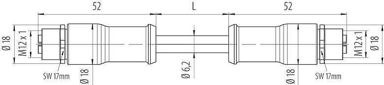 Dessin coté 77 4506 4506 90708-1000 - M12/M12 Câble de raccordement 2 connecteurs femelle, Contacts: 8, blindé, surmoulé sur le câble, IP67, M12x1,0, E-beam X-FRNCL/LSNH, bleu, 10 m