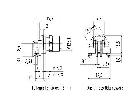 Maßzeichnung M12 Flanschdose, Polzahl: 5, ungeschirmt, THR, IP68, UL 2238, M12x1,0, Rückwandmontage, zweiteilige Ausführung