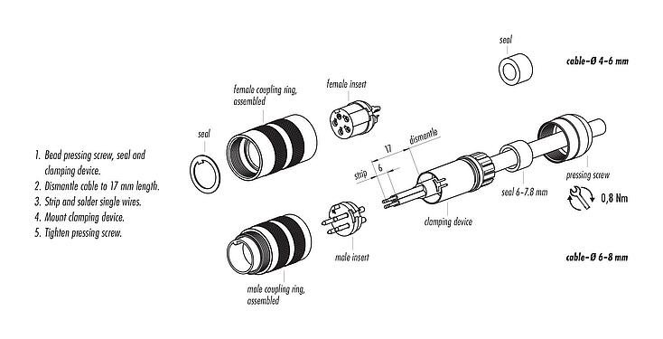 Instructions de montage M16 Connecteur mâle, Contacts: 2 (02-a), 4,1-7,8 mm, non blindé, souder, IP67, UL 2238, Version courte