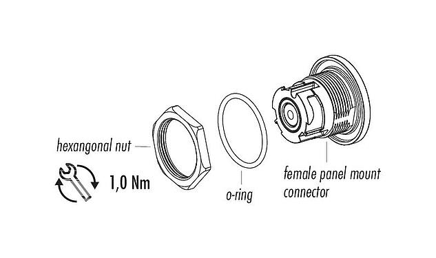 Component part drawing Bayonet Female panel mount connector, Contacts: 8, unshielded, solder, IP67 (when unplugged as well), M13x1,0, Rear mounting