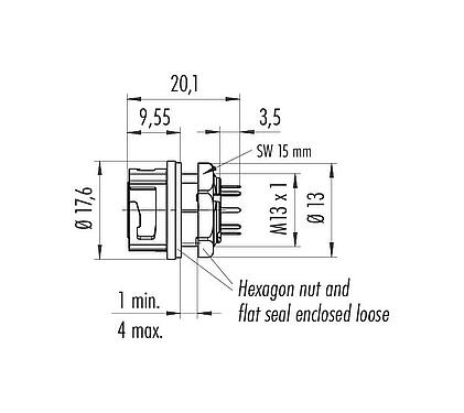 Scale drawing Bayonet Female panel mount connector, Contacts: 8, unshielded, solder, IP67, M13x1,0, Front mounting