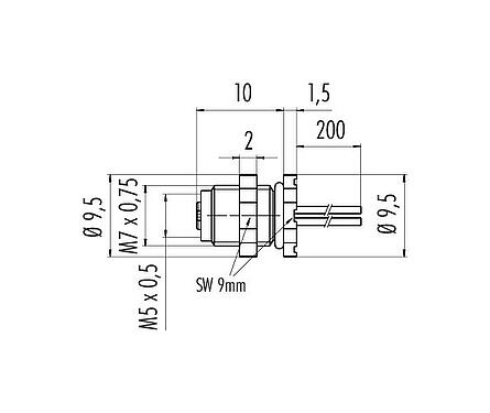 Scale drawing M5 Female panel mount connector, Contacts: 3, unshielded, single wires, IP67, M5x0.5, Rear mounting, potted