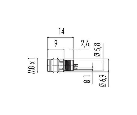 Méretarányos rajz M8 beépíthető csatlakozó, : 3, árnyékolatlan, kézi forrasztású, IP65, elülső rögzítés