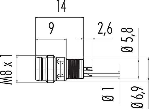 Scale drawing M8 Male receptacle, Contacts: 4, unshielded, solder, IP65, Front mounting