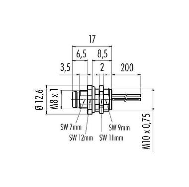 Schaaltekening M8 Male panel mount connector, aantal polen: 8, onafgeschermd, draden, IP67, UL 2238, M10x0,75, Frontaansluiting, gegoten