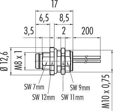 Scale drawing M8 Male panel mount connector, Contacts: 4, unshielded, single wires, IP67, UL 2238, M10x0.75, Front mounting, potted