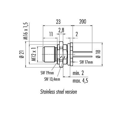 比例圖 M12 針頭法蘭座, : 8, 非遮罩, 帶導線, IP68, UL 2238, M16x1.5, 後壁安裝, 不鏽鋼