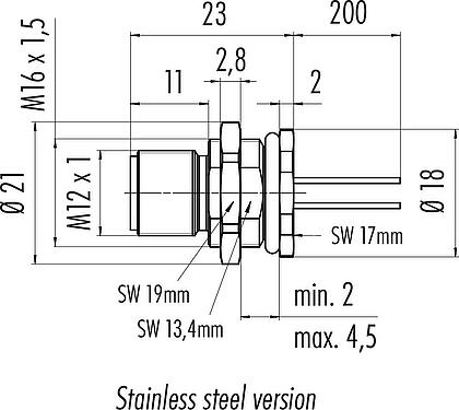Scale drawing M12 Male panel mount connector, Contacts: 12, unshielded, single wires, IP68, UL 2238, M16x1.5, Rear mounting, stainless steel, potted