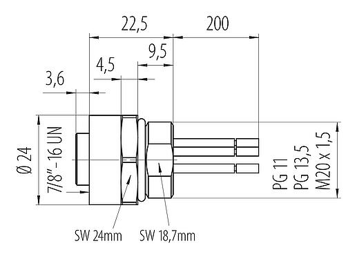 Schaaltekening 7/8" Female panel mount connector, aantal polen: 4, onafgeschermd, draden, IP68, UL 2238, VDE, PG 13,5, Frontaansluiting