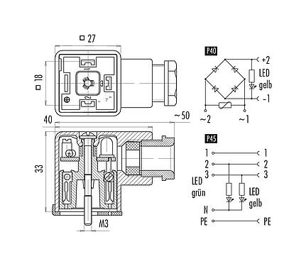 Konstrukce kabelu Zásuvka zařízení, : 2+PE, 8,0-10,0 mm, nestíněný, šroubovací svorka, IP40 bez těsnění, PG 11, Obvod P40, s LED PNP