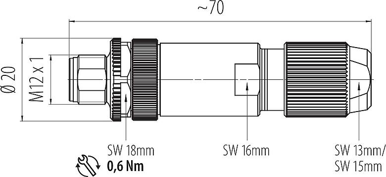 比例圖 M12 直頭針頭電纜連接器, : 5, 5.0-8.0mm, 可接遮罩, 籠式彈簧, IP67, 虹膜彈簧