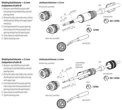 Montážní návod M12 Zástrčka kabelu, : 5, 8,0-9,0 mm, stínitelné, Napínací pružina klece, IP67, duhovka