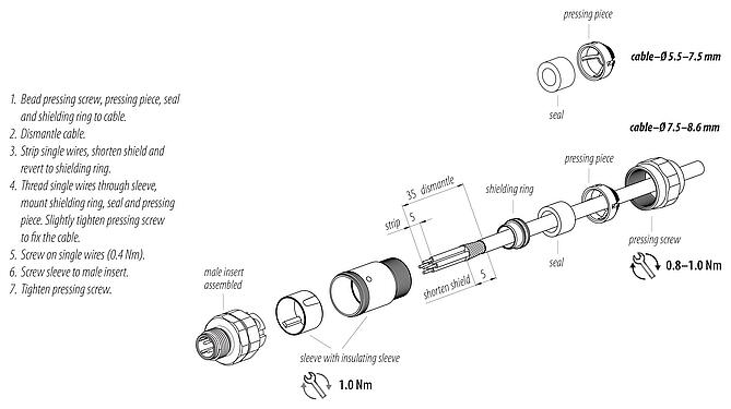 Assembly instructions M12 Male cable connector, Contacts: 4, 5.5-8.6 mm, shieldable, screw clamp, IP69K, UL 2238, stainless steel, with shielding ring