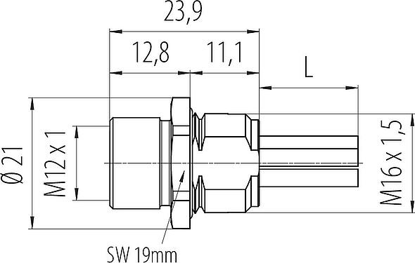 Bản vẽ tỷ lệ M12 Ổ cắm gắn bảng, Số lượng cực : 4+PE, không có chống nhiễu, dây đơn, IP68, M16x1,5, Gắn phía trước, UL 2237 đang được chuẩn bị, túp lều