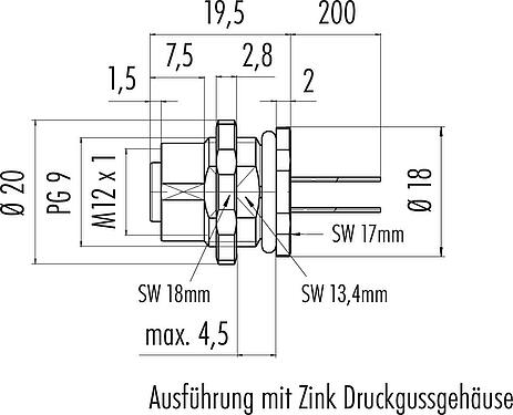Maßzeichnung M12 Flanschdose, Polzahl: 4, ungeschirmt, Litzen, IP67, UL 2238, PG 9, Rückwandmontage