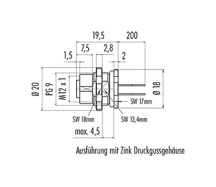 Maßzeichnung M12 Flanschdose, Polzahl: 4, ungeschirmt, Litzen, IP67, UL 2238, PG 9, Rückwandmontage