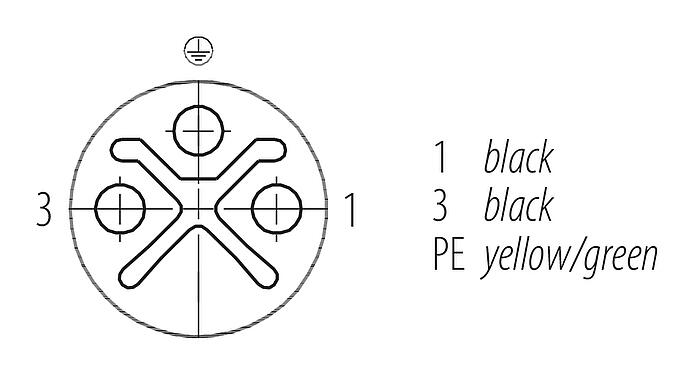 Disposición de los contactos (lado de la conexión) M12 Cable de conexión conector de cable macho - conector de cable hembra, Número de contactos: 2+PE, sin blindaje, moldeado en el cable, IP68, UL 2238, PUR, negro, 3 x 1,50 mm², 2 m