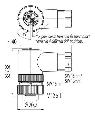 Disegno in scala M12 Connettore angolare femmin, Numero poli: 5, 4,0-6,0 mm, non schermato, morsetto a vite, IP67, UL 2238