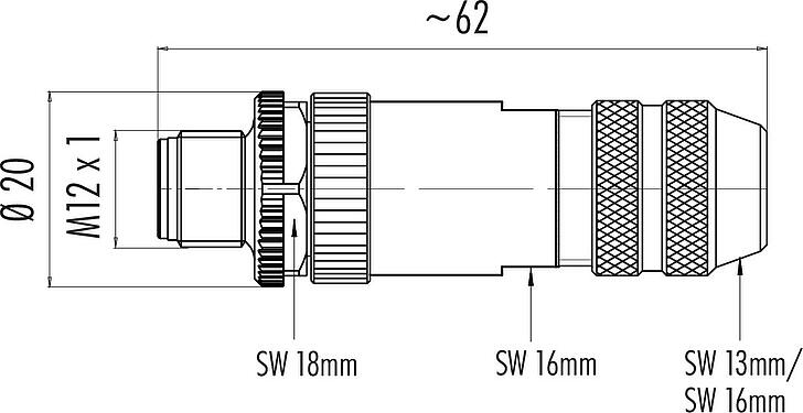 比例圖 M12 直頭針頭電纜連接器, : 5, 6.5-8.5mm, 可接遮罩, 螺釘接線, IP67, UL 2238