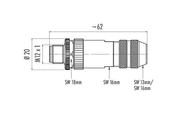 Scale drawing M12 Male cable connector, Contacts: 5, 6.5-8.5 mm, shieldable, screw clamp, IP67, UL 2238