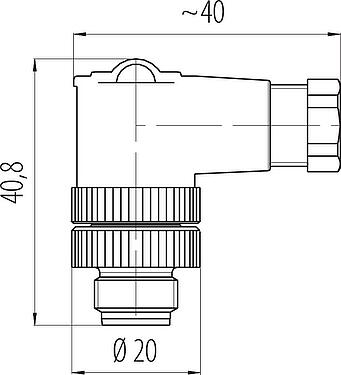 Dessin coté M12 Connecteur mâle coudé, Contacts: 2+PE, 6,0-8,0 mm, non blindé, pince à visser, IP67, UL