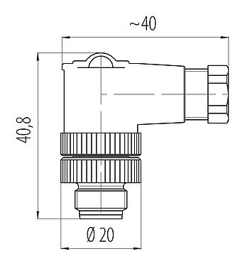 比例图 M12 弯角针头电缆连接器, 极数: 2+PE, 4.0-6.0mm, 非屏蔽, 螺钉接线, IP67, UL