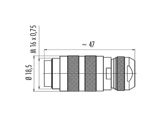 Scale drawing M16 Male cable connector, Contacts: 5 (05-a), 4.1-7.8 mm, shieldable, crimping (Crimp contacts must be ordered separately), IP67, UL 2238, Short version