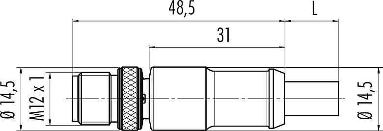 스케일 드로잉 M12 케이블 커넥터, 콘택트 렌즈: 2, 쉴드, 케이블에 몰딩, IP67, UL 2238, Profibus, PUR, 보라색, 2x0.25mm², 5m