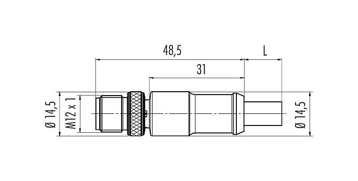 Méretarányos rajz M12 Kábelre szerelhető csatlakozó, : 2, árnyékolt, kábelre öntött, IP67, UL 2238, Profibus, PUR, lila, 2 x 0,25 mm², 2 m