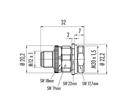 比例圖 M12 針頭法蘭座, : 5, 非遮罩, 螺釘接線, IP67, UL 2238, M20x1.5, 板前安裝, 用於供電