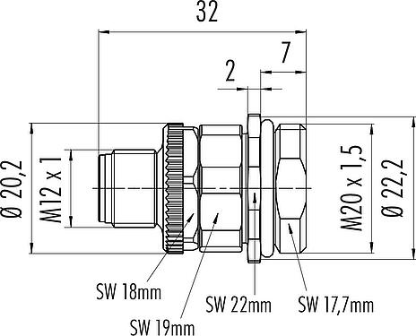 Scale drawing M12 Male panel mount connector, Contacts: 5, unshielded, screw clamp, IP67, UL 2238, M20x1.5, Front mounting, for the power supply