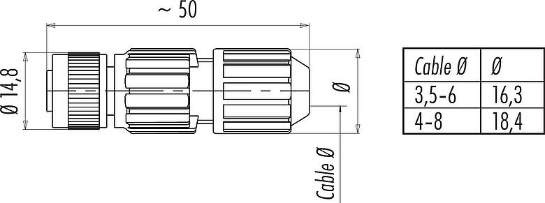 Scale drawing M12 Female cable connector, Contacts: 4, 3.5-6.0 mm, unshielded, IDC, IP67