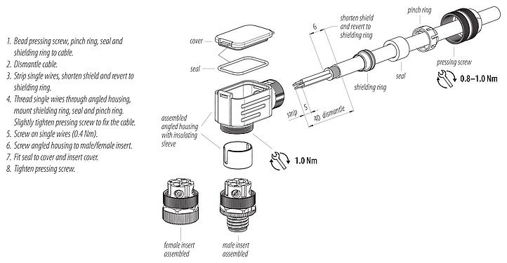 組裝說明 M12 彎角針頭電纜連接器, : 4, 6.0-8.0mm, 可接遮罩, 螺釘接線, IP67, UL 2238, 附防護環