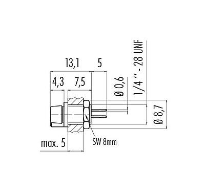 Scale drawing Snap-In Female panel mount connector, Contacts: 3, unshielded, THT, IP40, 1/4" 28 UNF, Front mounting