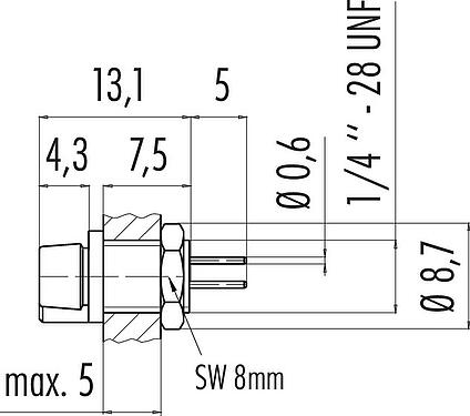 Scale drawing Snap-In Female panel mount connector, Contacts: 5, unshielded, THT, IP40, 1/4" 28 UNF, Front mounting