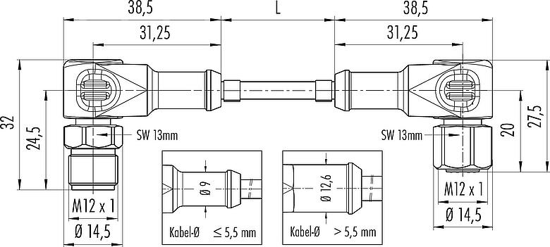 Maßzeichnung M12 Verbindungsleitung Winkelstecker - Winkeldose, Polzahl: 8, ungeschirmt, am Kabel angespritzt, IP67/IP69K, UL 2238, Ecolab, PVC, grau, 8 x 0,25 mm², Lebensmittelindustrie, Edelstahl, 5 m