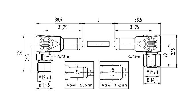 Maßzeichnung M12 Verbindungsleitung Winkelstecker - Winkeldose, Polzahl: 3, ungeschirmt, am Kabel angespritzt, IP67/IP69K, UL 2238, Ecolab, PVC, grau, 3 x 0,34 mm², Lebensmittelindustrie, Edelstahl, 5 m