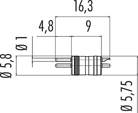 縮尺図 M8 オスレセプタクル, 極数: 4, 非シールド, はんだ, IP67, UL 2238, フロントマウント, M8管用