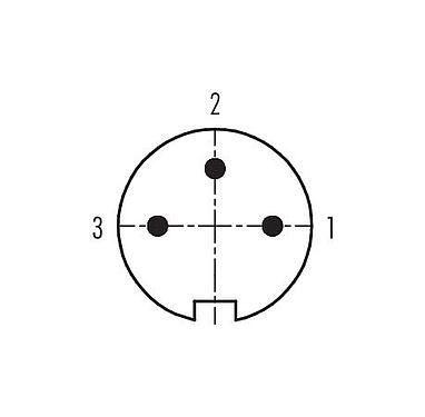 Disposition des contacts (Côté plug-in) 99 0605 70 03 - Baïonnette Connecteur mâle coudé, Contacts: 3, 4,0-6,0 mm, non blindé, souder, IP40