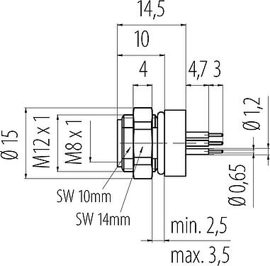 Scale drawing M8 Female panel mount connector, Contacts: 3, unshielded, THT, IP67, M12x1.0, Rear mounting, potted
