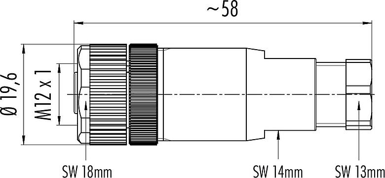 스케일 드로잉 M12 케이블 소켓, 콘택트 렌즈: 4, 6.0-8.0mm, 차폐되지 않음, 나사 클램프, IP67, UL 2238