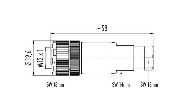縮尺図 M12 メスケーブルコネクタ, 極数: 5, 6.0-8.0mm, 非シールド, ねじ圧着, IP67, UL 2238