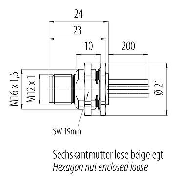 Dessin coté M12 Embase mâle, Contacts: 5, non blindé, fils, IP68, UL 2238, M16x1,5, Montage mural arrière, vissable par l'avant, coulé