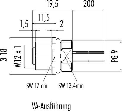 Maßzeichnung M12 Flanschdose, Polzahl: 12, ungeschirmt, Litzen, IP68, UL 2238, PG 9, Frontmontage, vergossen
