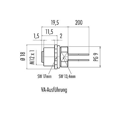 Maßzeichnung M12 Flanschdose, Polzahl: 8, ungeschirmt, Litzen, IP68, UL 2238, M16x1,5, Frontmontage, Edelstahl