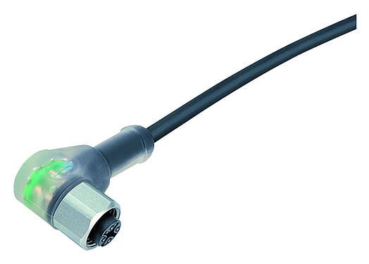 Minh hoạ M12 Ổ cắm bẻ góc, Số lượng cực : 3, không có chống nhiễu, ép phun vào dây cáp, IP68/IP69K, UL 2238, PUR, màu đen, 3x0,34mm², với ĐÈN LED PNP, Tthép không gỉ, 2m