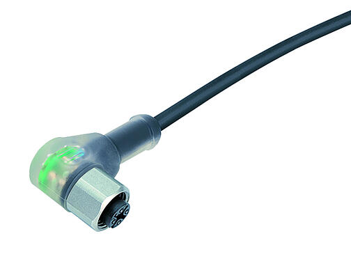 Illustration 77 3834 0000 50004-0200 - M12 Female angled connector, Contacts: 4, unshielded, moulded on the cable, IP69K, UL, PUR, black, 4 x 0.34 mm², with LED PNP, stainless steel, 2 m