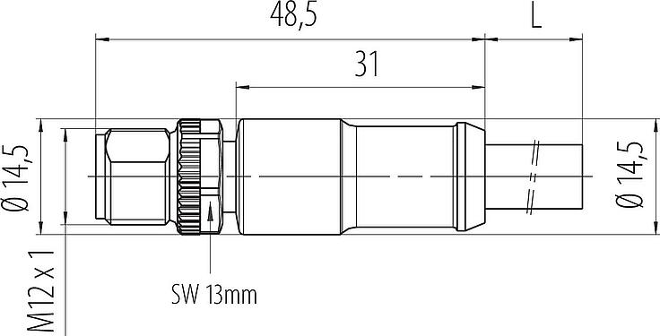Maßzeichnung M12 Kabelstecker, Polzahl: 3+PE, ungeschirmt, am Kabel angespritzt, IP68, UL 2238, PUR, schwarz, 4 x 1,50 mm², 2 m