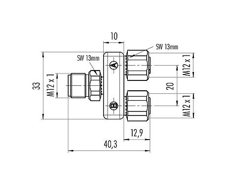 Scale drawing 79 5210 17 05 - M12 Twin distributor, Y-distributor, male M12x1 - 2 female M12x1, Contacts: 5, unshielded, pluggable, IP68, UL, stainless steel