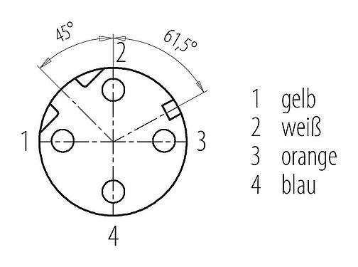 Polbild (Steckseite) M12 Flanschdose, Polzahl: 4, ungeschirmt, Litzen, IP67, UL 2238, PG 9, Frontmontage